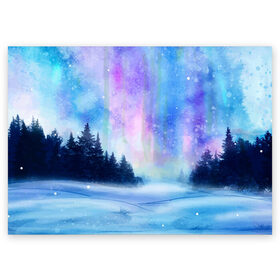Поздравительная открытка с принтом Зимняя соната в Курске, 100% бумага | плотность бумаги 280 г/м2, матовая, на обратной стороне линовка и место для марки
 | watercolor | акварель | зима | лес | сияние | снег