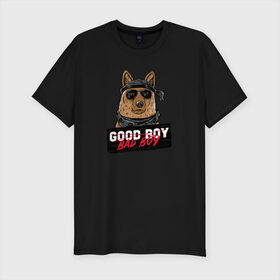 Мужская футболка хлопок Slim с принтом Bad Boy в Курске, 92% хлопок, 8% лайкра | приталенный силуэт, круглый вырез ворота, длина до линии бедра, короткий рукав | animal | dog | good | домашний | животные | звери | крутой | мальчик | милый | надпись | очки | пес | питомец | собака | собакен | табличка | хороший | щенок
