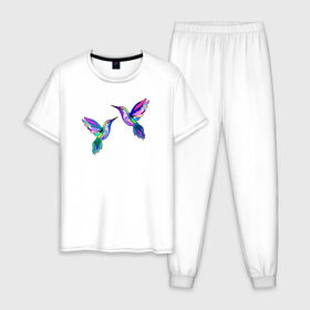 Мужская пижама хлопок с принтом Колибри в Курске, 100% хлопок | брюки и футболка прямого кроя, без карманов, на брюках мягкая резинка на поясе и по низу штанин
 | Тематика изображения на принте: angel | bird | butterfly | parrot | summer | tropical | wings | ангел | бабочки | джунгли | животные | красочные | крылья | летний | лето | перья | попугай | природа | птица | птичка | радужные | райский | стриж | тропики