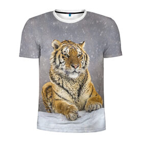 Мужская футболка 3D спортивная с принтом ТИГР ЗИМОЙ в Курске, 100% полиэстер с улучшенными характеристиками | приталенный силуэт, круглая горловина, широкие плечи, сужается к линии бедра | tiger | амурский | бенгальский | дикий | зима | зимой | кошка | крупная | полосатый | тигр | тигренок | тигрица