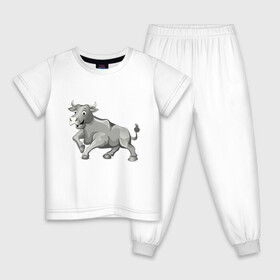 Детская пижама хлопок с принтом Металлический бык в Курске, 100% хлопок |  брюки и футболка прямого кроя, без карманов, на брюках мягкая резинка на поясе и по низу штанин
 | Тематика изображения на принте: 2021 | bull | белый | бык | дикая природа | добрый | зима | китайский календарь | металлический | милый | новый год | подарок | серебряный | улыбается