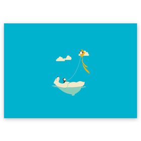 Поздравительная открытка с принтом ОБИТАТЕЛИ АНТАРКТИКИ в Курске, 100% бумага | плотность бумаги 280 г/м2, матовая, на обратной стороне линовка и место для марки
 | Тематика изображения на принте: белый медведь | воздушный змей | детский рисунок | мультяшный персонаж | небо голубое | облака | пингвин | рисунок