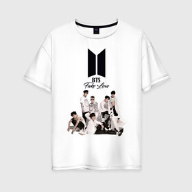 Женская футболка хлопок Oversize с принтом BTS в Курске, 100% хлопок | свободный крой, круглый ворот, спущенный рукав, длина до линии бедер
 | boyband | boys | bts | group | k pop | music | seoul | south korean | бойбенд | группа | мальчиковая | музыка | сеул | южнокорейский