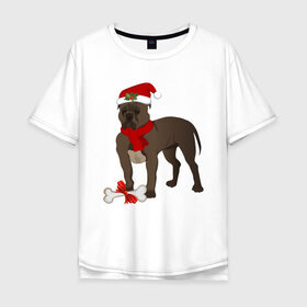 Мужская футболка хлопок Oversize с принтом Новогодний питбуль в Курске, 100% хлопок | свободный крой, круглый ворот, “спинка” длиннее передней части | 