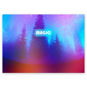 Поздравительная открытка с принтом MAGIC в Курске, 100% бумага | плотность бумаги 280 г/м2, матовая, на обратной стороне линовка и место для марки
 | звездное небо | зимний вечер | неоновая надпись | ночное небо | снег