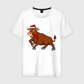 Мужская футболка хлопок с принтом Праздничный бык в Курске, 100% хлопок | прямой крой, круглый вырез горловины, длина до линии бедер, слегка спущенное плечо. | 