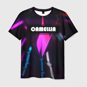 Мужская футболка 3D с принтом CAMELLIA в Курске, 100% полиэфир | прямой крой, круглый вырез горловины, длина до линии бедер | абстракция | геометрия | неоновый огонь | неоновый полосы | неоновый свет