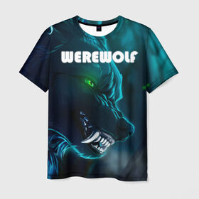 Мужская футболка 3D с принтом WAREWOLF в Курске, 100% полиэфир | прямой крой, круглый вырез горловины, длина до линии бедер | глаза волка | зеленые глаза | злой зверь | неоновые глаза | оборотень | оскал волка | оскал оборотня