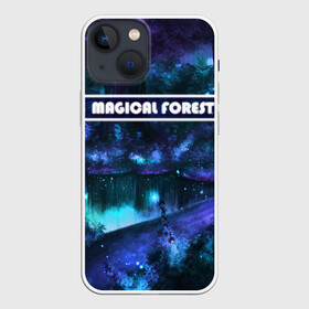 Чехол для iPhone 13 mini с принтом MAGICAL FOREST в Курске,  |  | звездное небо | магический лес | неоновая пыль | неоновые линии | озеро ночью | отражение в озере | светлячки в лесу