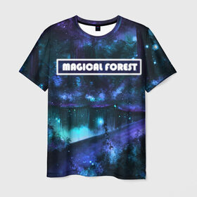 Мужская футболка 3D с принтом MAGICAL FOREST в Курске, 100% полиэфир | прямой крой, круглый вырез горловины, длина до линии бедер | Тематика изображения на принте: звездное небо | магический лес | неоновая пыль | неоновые линии | озеро ночью | отражение в озере | светлячки в лесу
