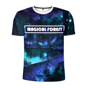 Мужская футболка 3D спортивная с принтом MAGICAL FOREST в Курске, 100% полиэстер с улучшенными характеристиками | приталенный силуэт, круглая горловина, широкие плечи, сужается к линии бедра | Тематика изображения на принте: звездное небо | магический лес | неоновая пыль | неоновые линии | озеро ночью | отражение в озере | светлячки в лесу