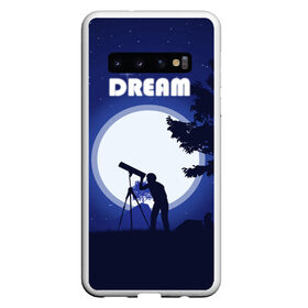 Чехол для Samsung Galaxy S10 с принтом DREAM в Курске, Силикон | Область печати: задняя сторона чехла, без боковых панелей | Тематика изображения на принте: 2d рисунок | звездное небо | луна | минимализм | ночное небо | полнолуние | человек с телескопом