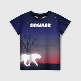 Детская футболка 3D с принтом SINGULAR в Курске, 100% гипоаллергенный полиэфир | прямой крой, круглый вырез горловины, длина до линии бедер, чуть спущенное плечо, ткань немного тянется | алый закат | звездное небо | неоновый тигр | ночное небо | тигр на закате