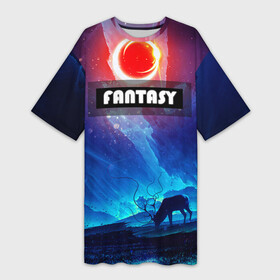 Платье-футболка 3D с принтом FANTASY в Курске,  |  | горы | ледяные глыбы | неоновая луна | неоновая планета | неоновый свет | ночное небо | олень | фантастика | фентези