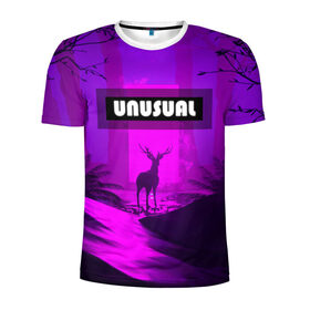 Мужская футболка 3D спортивная с принтом UNUSUAL в Курске, 100% полиэстер с улучшенными характеристиками | приталенный силуэт, круглая горловина, широкие плечи, сужается к линии бедра | деревья | неоновая надпись | неоновый лес | неоновый свет | ночное небо | ночной лес | олень | природа