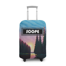 Чехол для чемодана 3D с принтом SCOPE в Курске, 86% полиэфир, 14% спандекс | двустороннее нанесение принта, прорези для ручек и колес | вечернее небо | голубое небо | деревья | закат | лес | неоновая надпись | озеро | река