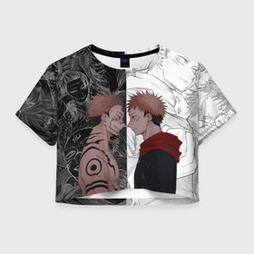 Женская футболка Crop-top 3D с принтом Jujutsu Kaisen Сукуна х Юдзи в Курске, 100% полиэстер | круглая горловина, длина футболки до линии талии, рукава с отворотами | anime | black | cursed spirit | demon | evil | good | itadori yuji | magic battle | shaman | sukuna | white | ying yang | аниме | белое | годжо сатору | демон | добро | зло | инь ян | итадори юдзи | кугисаки | магическая битва | проклятый дух | рёмен суку