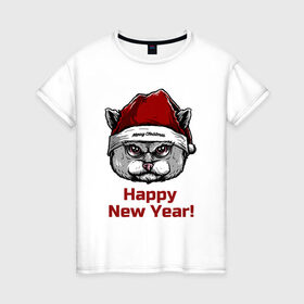 Женская футболка хлопок с принтом Злой кот Happy New Year! в Курске, 100% хлопок | прямой крой, круглый вырез горловины, длина до линии бедер, слегка спущенное плечо | 