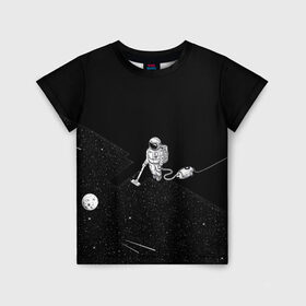 Детская футболка 3D с принтом Космический клининг в Курске, 100% гипоаллергенный полиэфир | прямой крой, круглый вырез горловины, длина до линии бедер, чуть спущенное плечо, ткань немного тянется | cleaner | cosmonaut | moon | space | stars | vacuum | звезды | космонавт | космос | луна | пылесос | уборка
