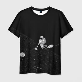 Мужская футболка 3D с принтом Космический клининг в Курске, 100% полиэфир | прямой крой, круглый вырез горловины, длина до линии бедер | cleaner | cosmonaut | moon | space | stars | vacuum | звезды | космонавт | космос | луна | пылесос | уборка