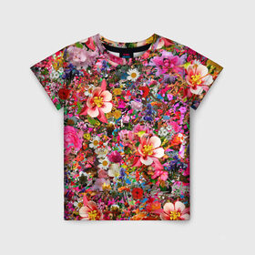 Детская футболка 3D с принтом Разные цветы в Курске, 100% гипоаллергенный полиэфир | прямой крой, круглый вырез горловины, длина до линии бедер, чуть спущенное плечо, ткань немного тянется | колокольчики | красота | пион | прикольная | природа | растения | роза | тюльпан | цветок | цветы
