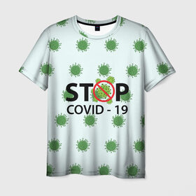 Мужская футболка 3D с принтом Stop COVID в Курске, 100% полиэфир | прямой крой, круглый вырез горловины, длина до линии бедер | 