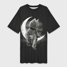 Платье-футболка 3D с принтом Котик на луне в Курске,  |  | cat | likee | tik tok | астронавт | вселенная | галактика | грозовой кошак | дым | звезда | космос | кот | кот в космосе | кот на луне | котик | кошак | кошечка | кошка | лайки | луна | милый кот | мур | мяу | облако