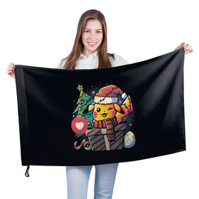 Флаг 3D с принтом Новогодний пикачу в подарке в Курске, 100% полиэстер | плотность ткани — 95 г/м2, размер — 67 х 109 см. Принт наносится с одной стороны | 