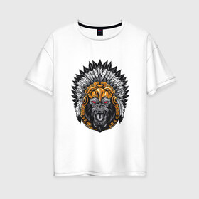 Женская футболка хлопок Oversize с принтом Шаман обезьян в Курске, 100% хлопок | свободный крой, круглый ворот, спущенный рукав, длина до линии бедер
 | арт | дикий | дикий зверь | дикое животное | зверь | индеец | индейцы | обезьяна | рисунок | шимпанзе