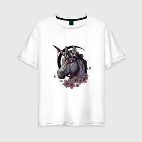 Женская футболка хлопок Oversize с принтом Кровавый единорог в Курске, 100% хлопок | свободный крой, круглый ворот, спущенный рукав, длина до линии бедер
 | арт | единорог | кровавый рог | кровь | луна | рисунок | тёмные цветы | чёрная луна
