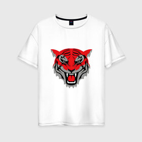 Женская футболка хлопок Oversize с принтом Оскалившийся тигр в Курске, 100% хлопок | свободный крой, круглый ворот, спущенный рукав, длина до линии бедер
 | арт | красный | опасно | опасное животное | опасность | опасный зверь | оскал | рисунок | тигр