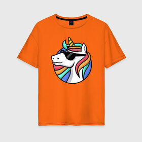 Женская футболка хлопок Oversize с принтом Стильный единорог в Курске, 100% хлопок | свободный крой, круглый ворот, спущенный рукав, длина до линии бедер
 | rainbow | unicorn | единорог | очки | радуга