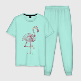 Мужская пижама хлопок с принтом Узорчатый фламинго в Курске, 100% хлопок | брюки и футболка прямого кроя, без карманов, на брюках мягкая резинка на поясе и по низу штанин
 | bird | flamingo | spiral | птица | спираль | узор | фламинго