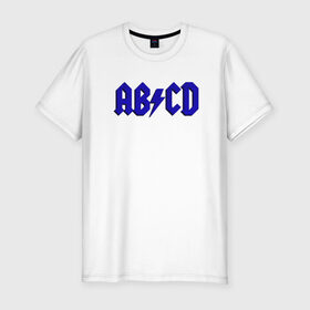 Мужская футболка хлопок Slim с принтом ABCD надпись в Курске, 92% хлопок, 8% лайкра | приталенный силуэт, круглый вырез ворота, длина до линии бедра, короткий рукав | abcd | ac dc | acdc | band | logo | metal | music | rock | алфавит | буквы | имитация | леттеринг | лого | металл | музыка | надпись | пародия | рок | синий