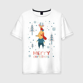 Женская футболка хлопок Oversize с принтом Merry Christmas (Собачки) в Курске, 100% хлопок | свободный крой, круглый ворот, спущенный рукав, длина до линии бедер
 | 