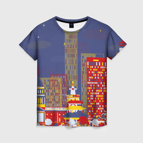 Женская футболка 3D с принтом Зимний мегаполис в Курске, 100% полиэфир ( синтетическое хлопкоподобное полотно) | прямой крой, круглый вырез горловины, длина до линии бедер | 