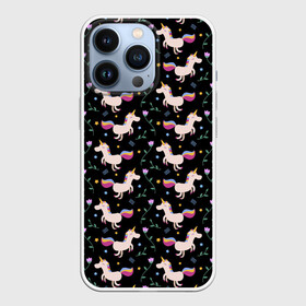 Чехол для iPhone 13 Pro с принтом Unicorns pattern в Курске,  |  | Тематика изображения на принте: flower | hoofs | horn | leaf | mane | pattern | star | unicorn | грива | единорог | звезда | копыта | лист | рог | узор | цветок