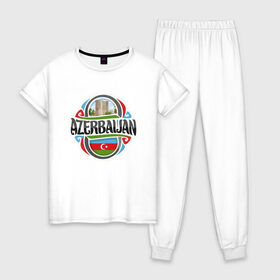 Женская пижама хлопок с принтом Азербайджан в Курске, 100% хлопок | брюки и футболка прямого кроя, без карманов, на брюках мягкая резинка на поясе и по низу штанин | azerbaijan | baku | азер | азербайджан | баку | герб | страна | флаг