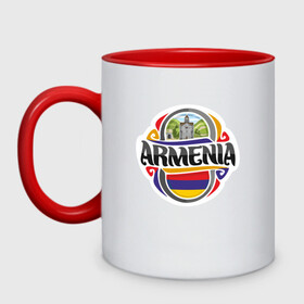 Кружка двухцветная с принтом Армения в Курске, керамика | объем — 330 мл, диаметр — 80 мм. Цветная ручка и кайма сверху, в некоторых цветах — вся внутренняя часть | armenia | арарат | армения | герб | горы | лев | страна | флаг | шашлык