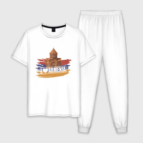Мужская пижама хлопок с принтом Армения в Курске, 100% хлопок | брюки и футболка прямого кроя, без карманов, на брюках мягкая резинка на поясе и по низу штанин
 | armenia | арарат | армения | герб | горы | лев | страна | флаг | шашлык