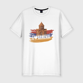 Мужская футболка хлопок Slim с принтом Армения в Курске, 92% хлопок, 8% лайкра | приталенный силуэт, круглый вырез ворота, длина до линии бедра, короткий рукав | armenia | арарат | армения | герб | горы | лев | страна | флаг | шашлык