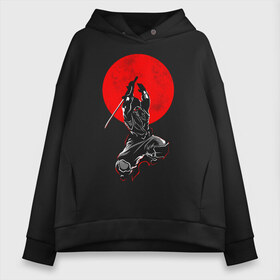 Женское худи Oversize хлопок с принтом Samurai в Курске, френч-терри — 70% хлопок, 30% полиэстер. Мягкий теплый начес внутри —100% хлопок | боковые карманы, эластичные манжеты и нижняя кромка, капюшон на магнитной кнопке | art | katana | man | ninja | red moon | samurai | арт | катана | красная луна | ниндзя | самурай | человек
