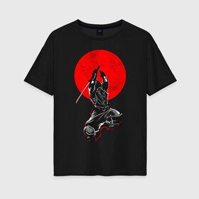 Женская футболка хлопок Oversize с принтом Samurai в Курске, 100% хлопок | свободный крой, круглый ворот, спущенный рукав, длина до линии бедер
 | art | katana | man | ninja | red moon | samurai | арт | катана | красная луна | ниндзя | самурай | человек