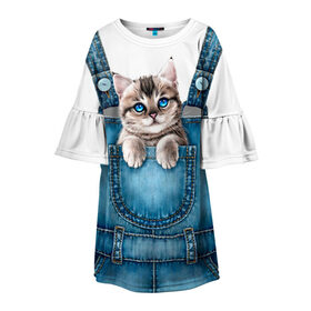 Детское платье 3D с принтом КОТЕНОК В КАРМАНЕ в Курске, 100% полиэстер | прямой силуэт, чуть расширенный к низу. Круглая горловина, на рукавах — воланы | cat | барсик | девочкам | джинсы | карман | киса | комбинезон | костюм | кот | котенок | котик | кошка | красиво | мило | мяу | одежда