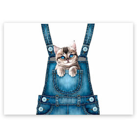 Поздравительная открытка с принтом КОТЕНОК В КАРМАНЕ в Курске, 100% бумага | плотность бумаги 280 г/м2, матовая, на обратной стороне линовка и место для марки
 | Тематика изображения на принте: cat | барсик | девочкам | джинсы | карман | киса | комбинезон | костюм | кот | котенок | котик | кошка | красиво | мило | мяу | одежда