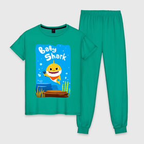 Женская пижама хлопок с принтом Baby Shark в Курске, 100% хлопок | брюки и футболка прямого кроя, без карманов, на брюках мягкая резинка на поясе и по низу штанин | babyshark | babysharkchallenge | babysharkdance | акулёнок | детскаяпесенка | семьяакул