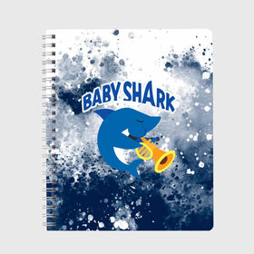 Тетрадь с принтом BABY SHARK БЭБИ ШАРК в Курске, 100% бумага | 48 листов, плотность листов — 60 г/м2, плотность картонной обложки — 250 г/м2. Листы скреплены сбоку удобной пружинной спиралью. Уголки страниц и обложки скругленные. Цвет линий — светло-серый
 | Тематика изображения на принте: baby shark | babysharkchallenge | shark | акула baby shark | акуленок | аула | бэби шарк | песня