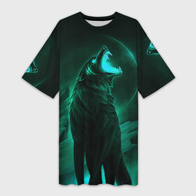 Платье-футболка 3D с принтом Оборотень в Курске,  |  | волк | зубы | луна | неоновый свет | оборотень | оскал волка | полнолуние