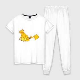 Женская пижама хлопок с принтом Пикачу в Курске, 100% хлопок | брюки и футболка прямого кроя, без карманов, на брюках мягкая резинка на поясе и по низу штанин | Тематика изображения на принте: аниме | капибара | пикачу | покемон | покемоны