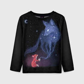 Детский лонгслив 3D с принтом Лиса и ее дух в Курске, 100% полиэстер | длинные рукава, круглый вырез горловины, полуприлегающий силуэт
 | fox | moon | stars | дух | звезды | лес | леса | лиса | лиса и лес | лисичка | лисичка в лесу | лисички в космосе | лисы | луна | небо | ночное небо | с лисами | темнота